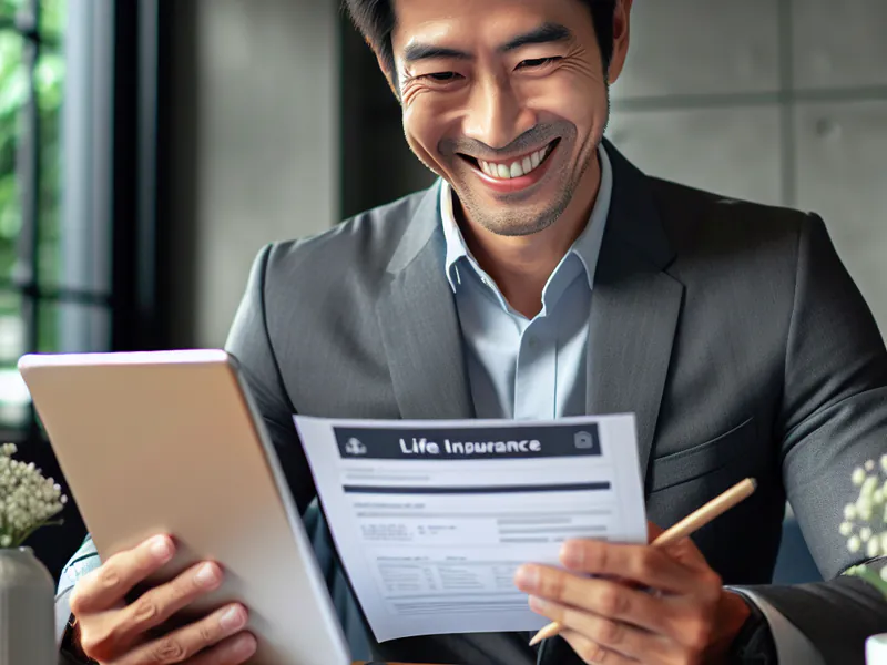 Un homme souriant en regardant son assurance vie sur une tablette