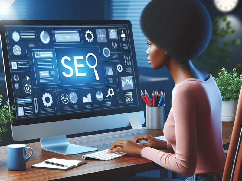 A person working on a computer with SEO concepts on screen