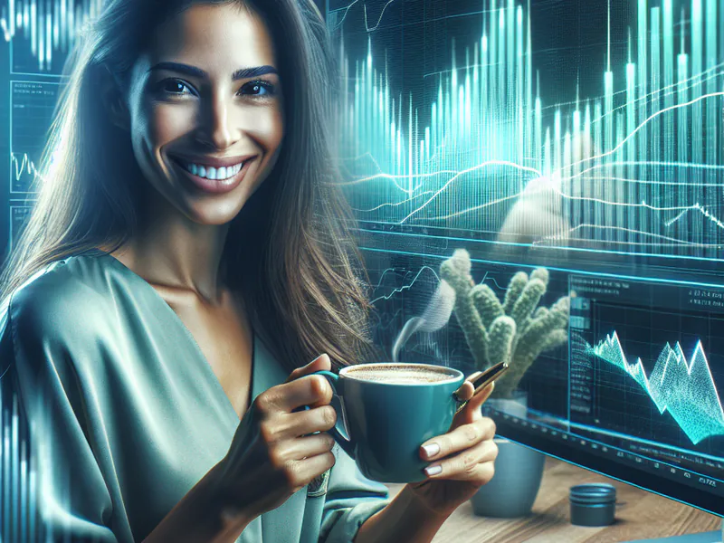 Une photo de moi souriant avec un café à la main en train de consulter des graphiques d'investissements.