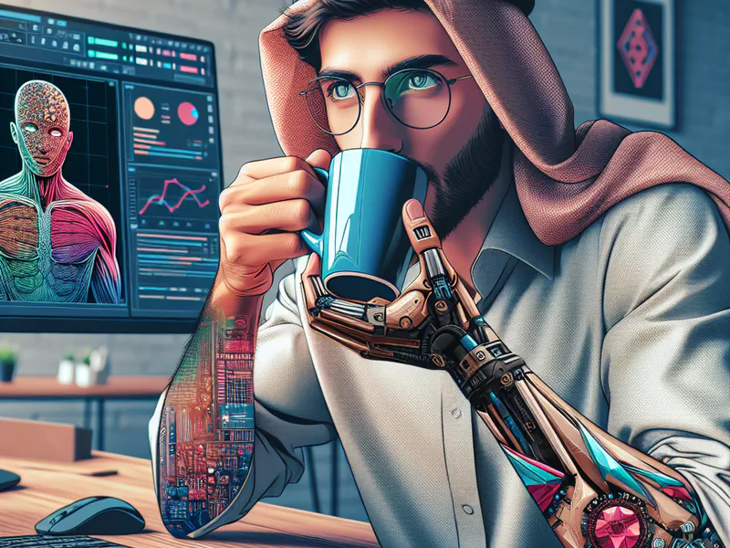 Yo en mi escritorio tomando café