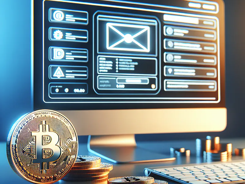Une pièce de Bitcoin et un écran d'ordinateur montrant une adresse email
