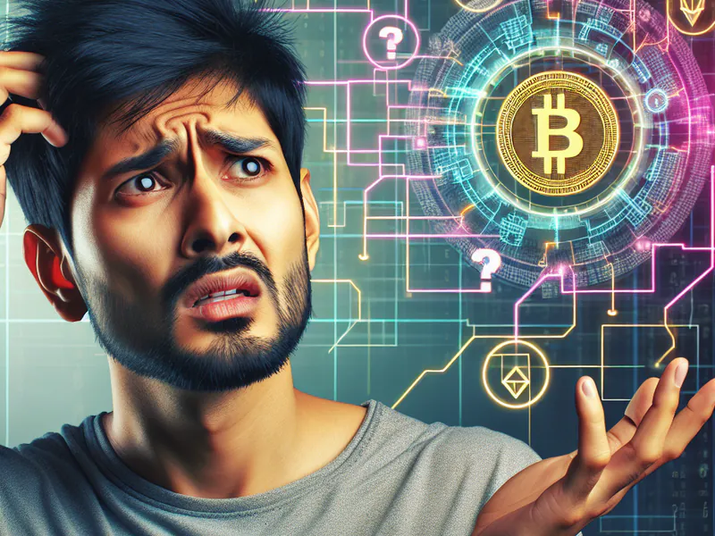 a confused man looking at a blockchain diagram