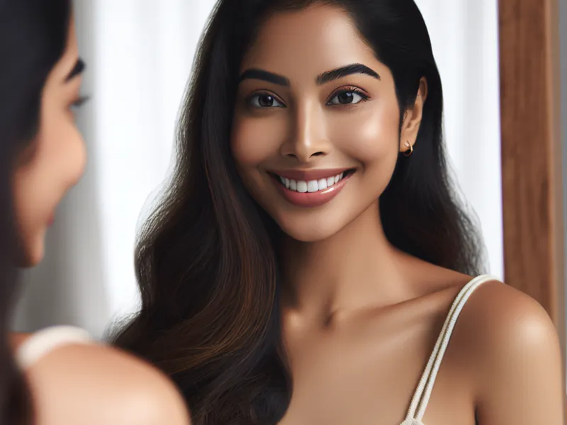 Woman looking in the mirror smiling
