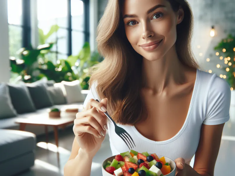 Woman eating a fruit salad