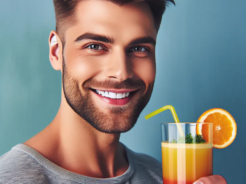 moi souriant, avec un verre de jus de fruits frais