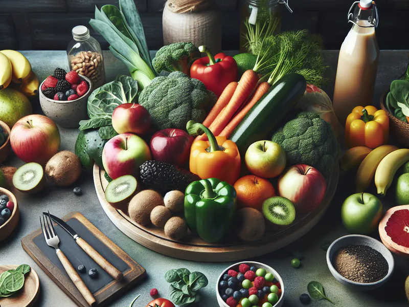 Des fruits et légumes frais sur une table de cuisine