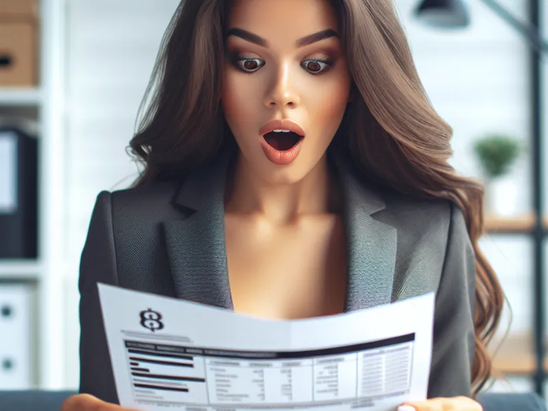 Une jeune femme regardant un relevé bancaire avec surprise
