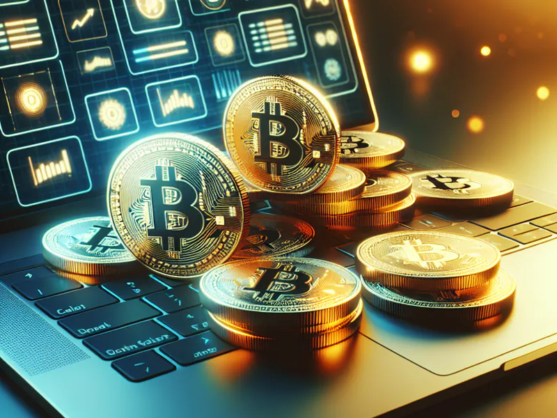 Bitcoins on laptop keyboard