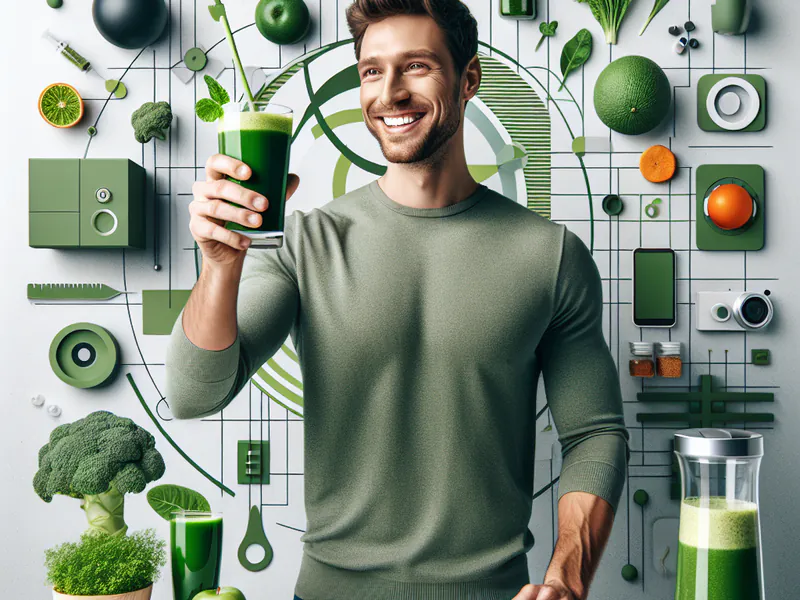 Juan Martínez, souriant et levant un smoothie vert