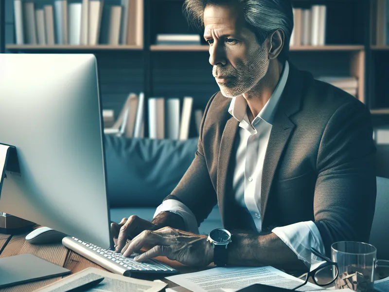 Un homme travaillant sur son ordinateur, entouré de livres et de notes