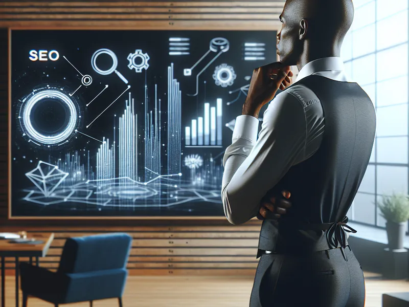 Un homme regardant une représentation graphique des tendances SEO à venir
