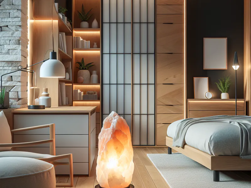 une chambre nickel rangée avec une lampe de sel de l'Himalaya