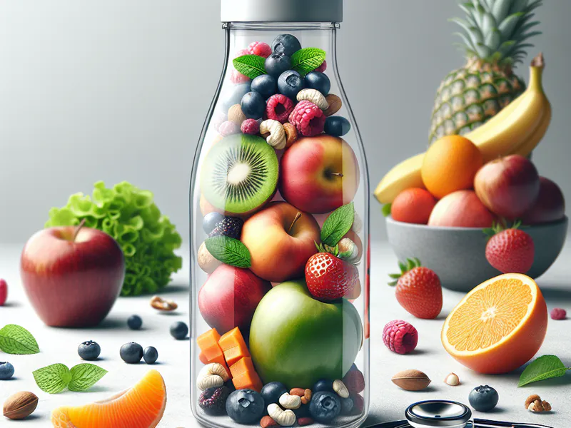 une bouteille d'eau avec des fruits frais