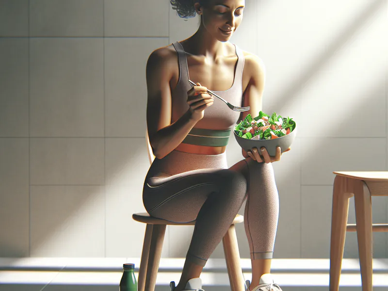 femme en tenue de sport mangeant une salade