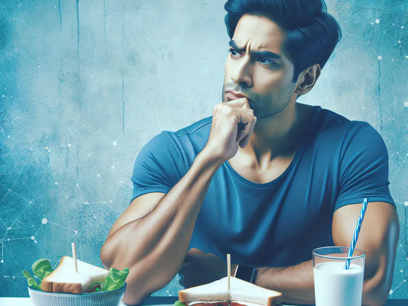 Un homme pensif devant un sandwich