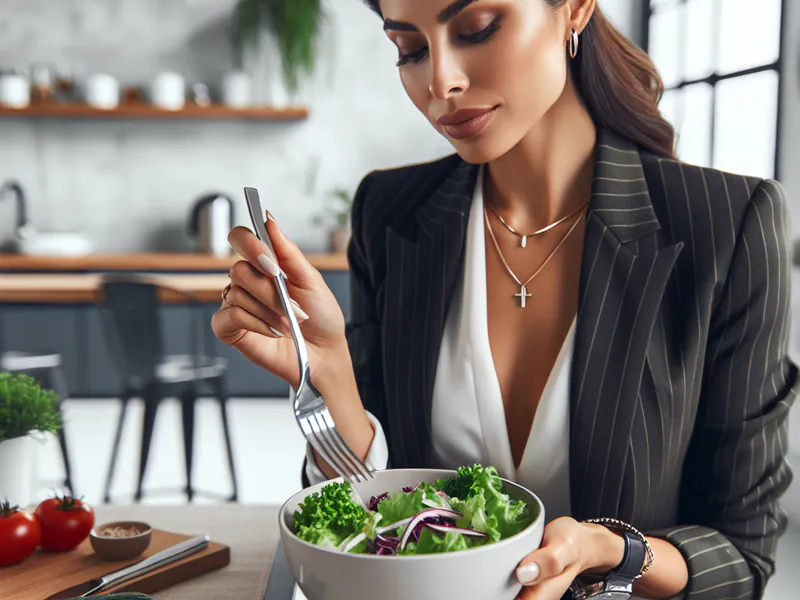 une femme mangeant une salade