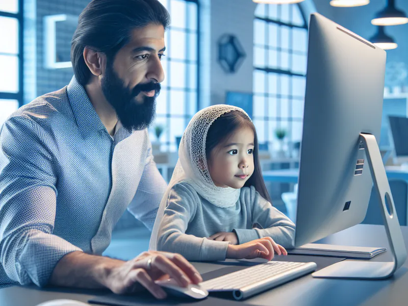 Dad watching daughter on computer
