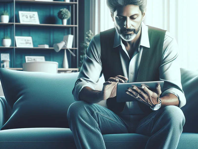 man sitting on a sofa reading an article on tablet