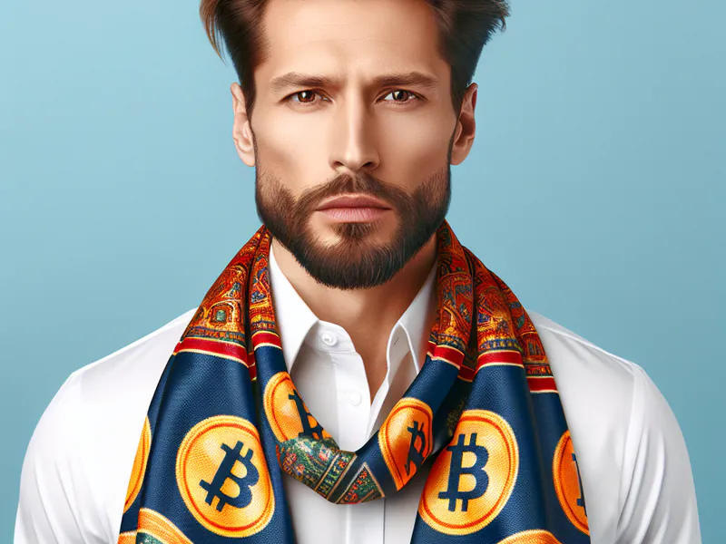 Une photo de Luc avec une écharpe Bitcoin autour du cou